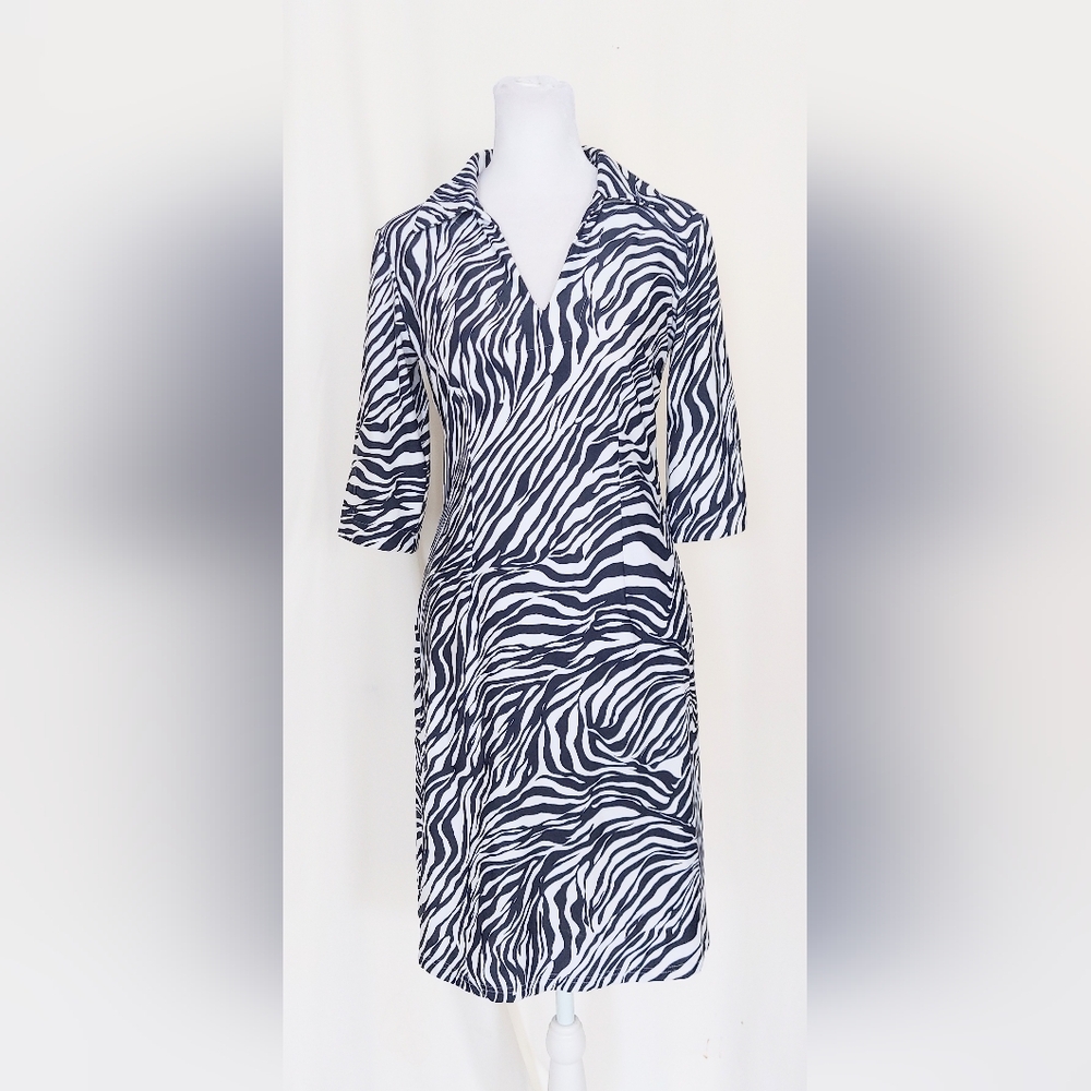 Jude Connally XS 3/4 Sleeve Shirt Dress Blue White Tiger Print Womens XS